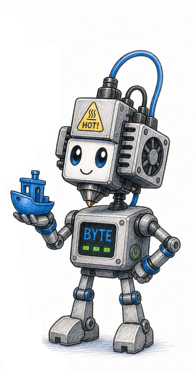Byte, my friendly Lore & Logic robot mascot, holding a small blue boat.