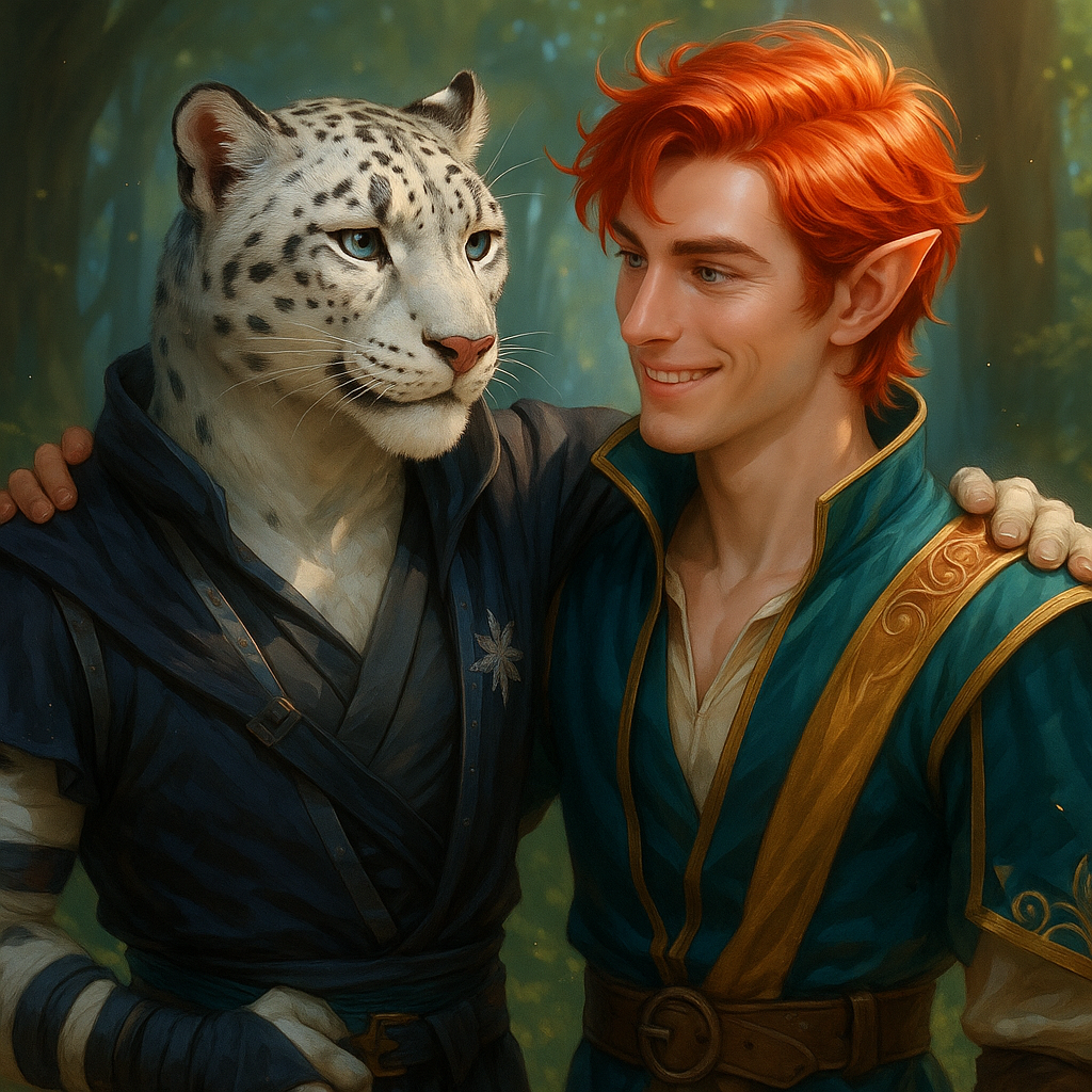 My Dungeons & Dragons character artwork showing a red-haired elf beside a white feline companion in a forest.