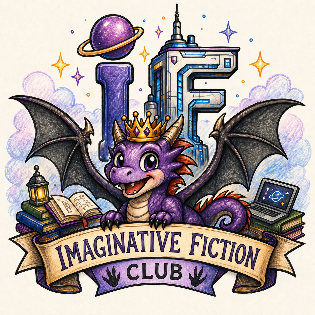 Imaginative Fiction Club emblem featuring a crowned purple dragon, books, a laptop, stars, and a futuristic tower.