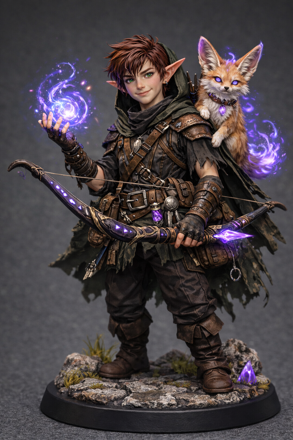 My Dungeons & Dragons character artwork showing an elven archer with purple magic and a fox companion.