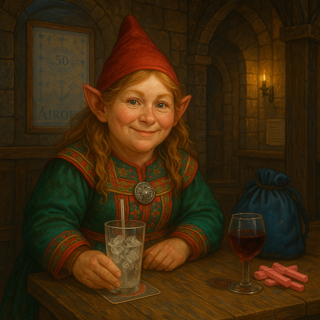 My Dungeons & Dragons character artwork showing a smiling gnome seated at a warm stone tavern table.