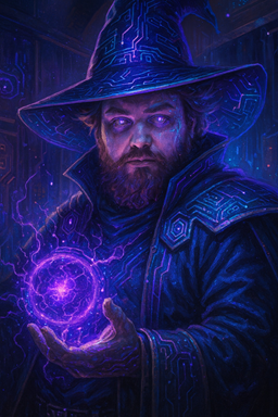 A creatively altered photograph of me as a Tech Wizard in a circuit-patterned hat and robes, holding a glowing purple sphere.
