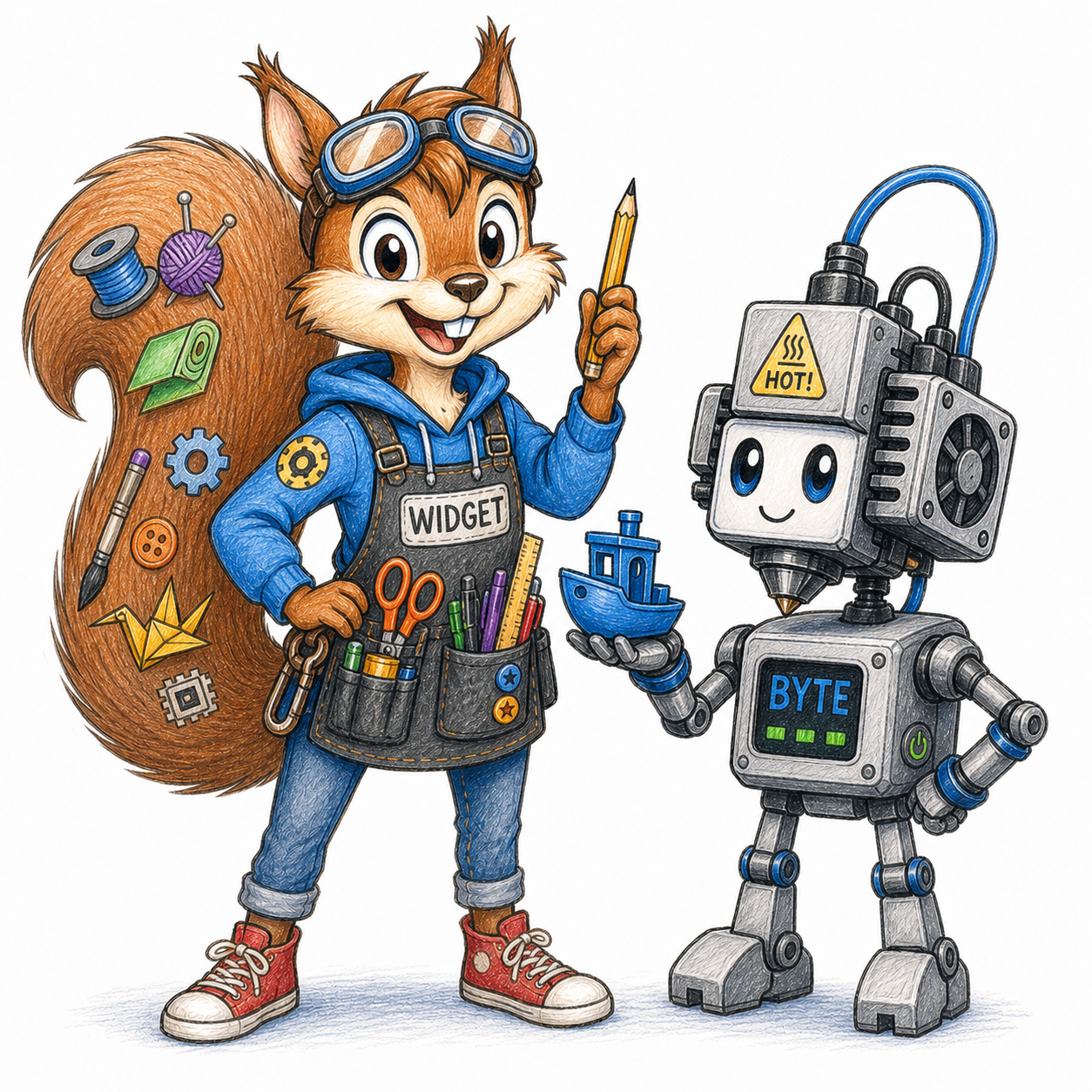 Widget, a squirrel maker in blue overalls, and Byte, a friendly robot inspired by a 3D-printer toolhead, standing together with craft tools and a small blue boat.
