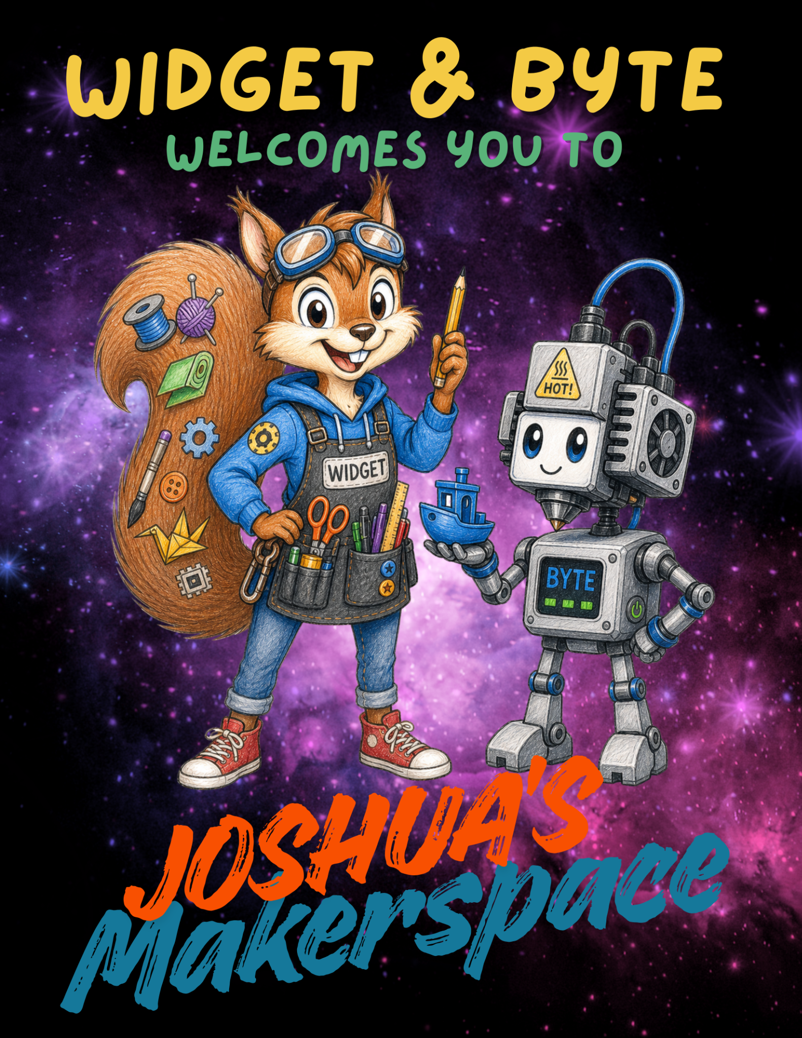 Widget and Byte welcome visitors to my Makerspace in a purple cosmic workshop poster, with the original orange and blue Makerspace lettering.